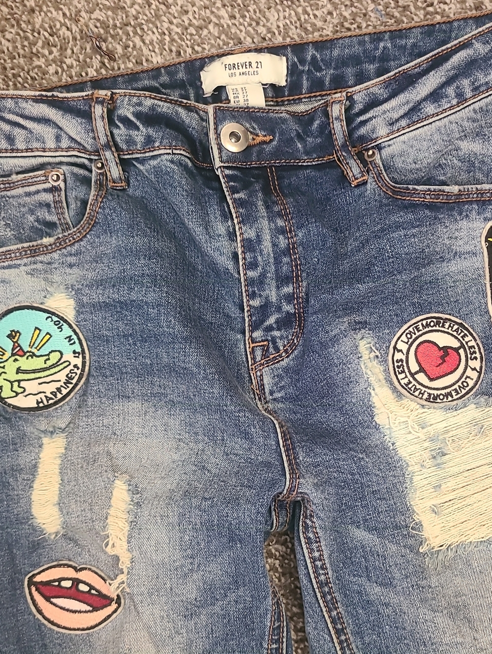 Forever 21 Blue Embroidered Patch Distressed Jeans